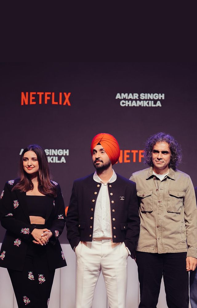 Diljit Dosanjh and Parineeti Chopra for Chamkila on Netflix with Director Imtiaz Ali, promising a stellar entertainment experience.