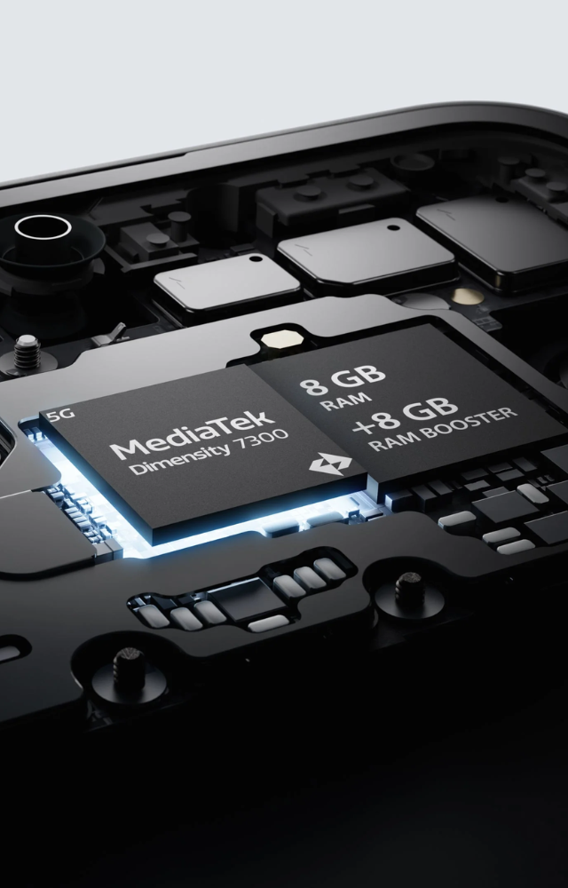 MediaTek Dimensity 7300 5G processor, an 8-core CPU running up to 2.5 GHz, built on the advanced 4nm TSMC process for exceptional performance.