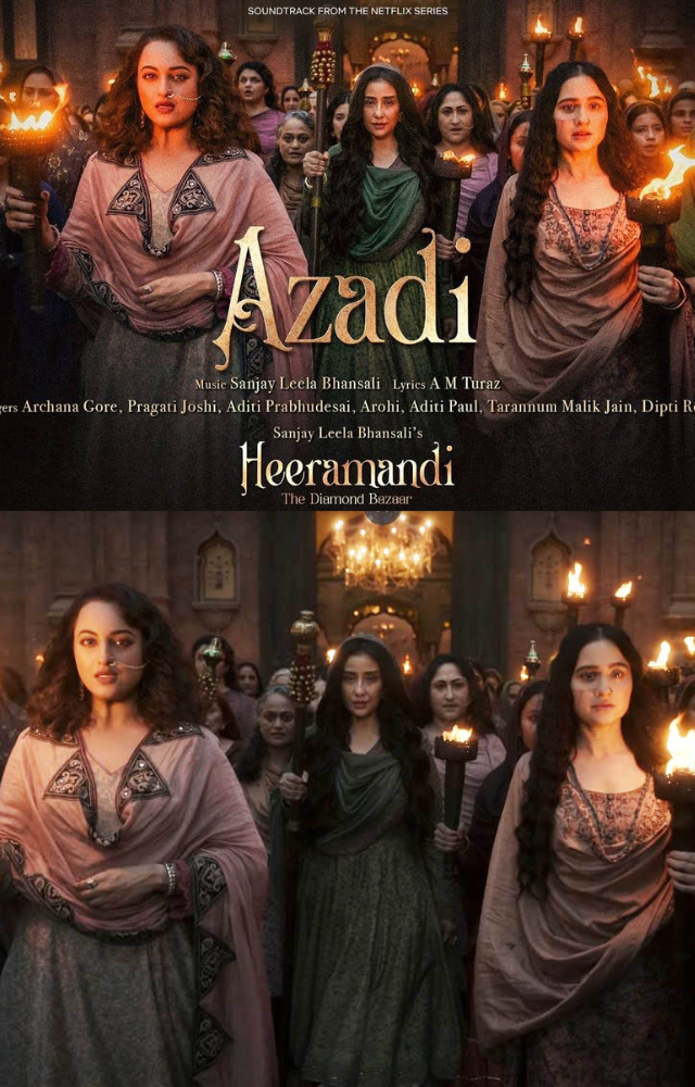 The song 'Azadi' from the film 'Heeramandi' has lyrics by Tarannum Malik, Aditi Paul, Pragati Joshi, Barnali Chattopadhyay, Archana Gore, and Aditi Prabhudesai.