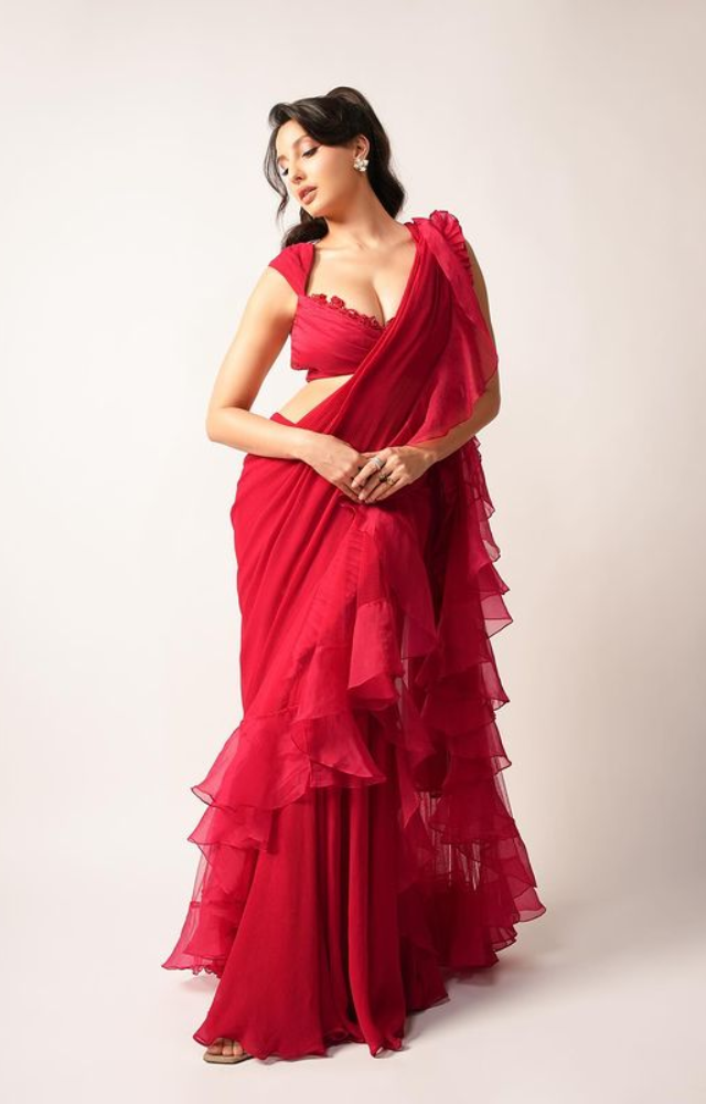 Sizzling Nora Stuns in Cherry Red Saree