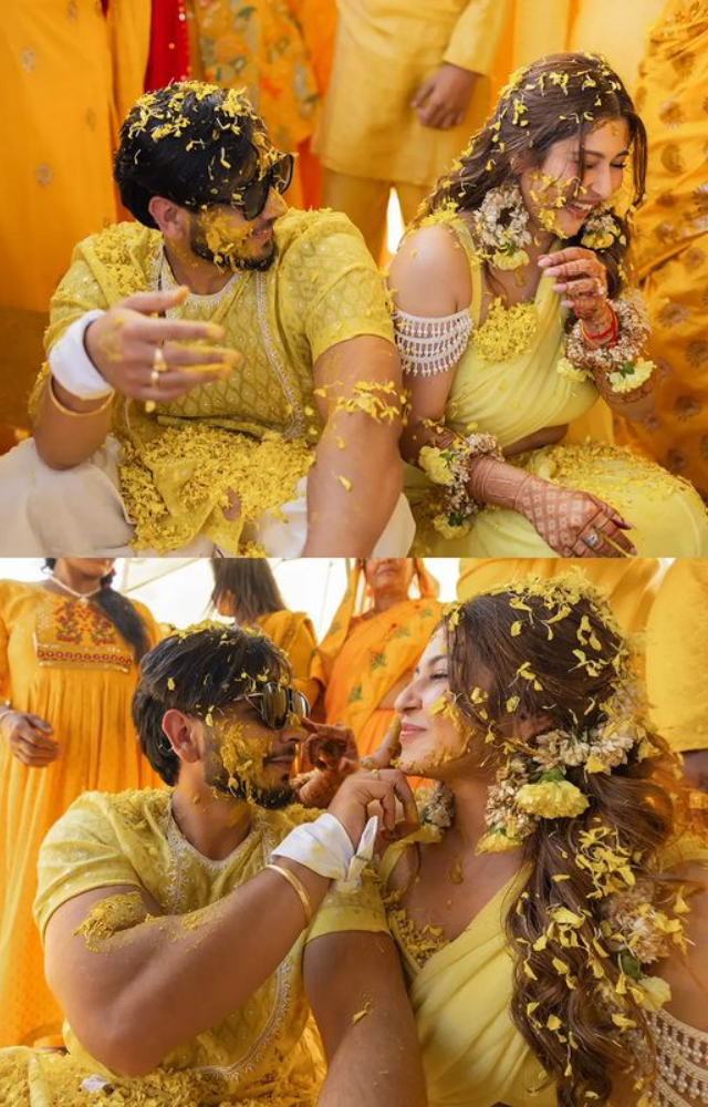 Sonarika Bhadoria and Vikas Parashar Radiate Joy in Blissful Haldi Ceremony Celebration.