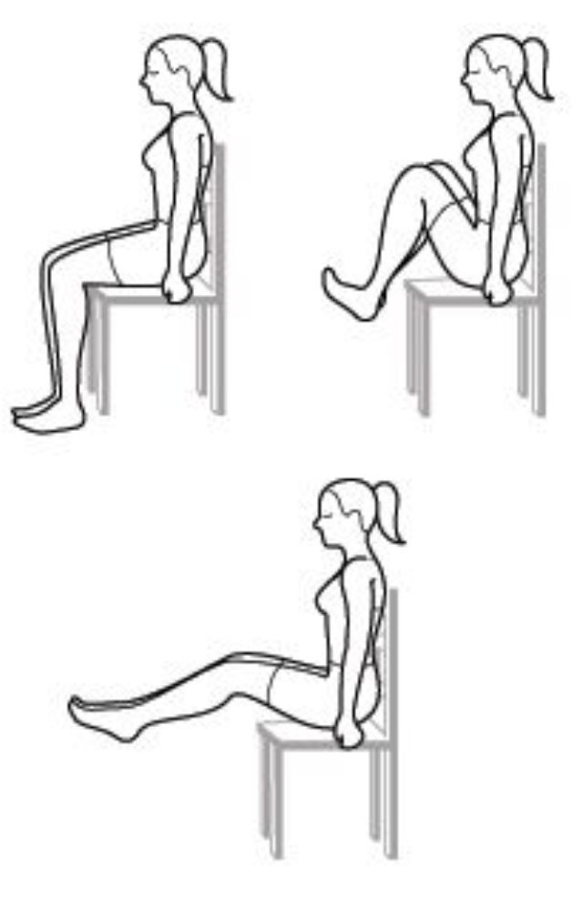 Sit tall and lift one leg at a time, holding for a few seconds. Great for leg strength and improving circulation during long sitting hours.
