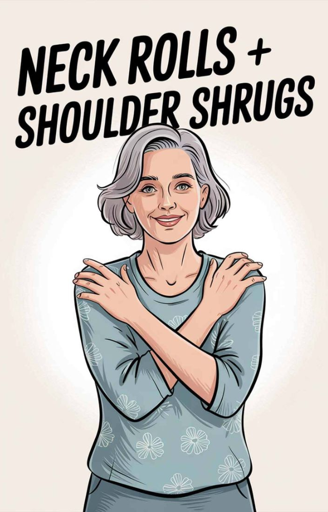 Release tension by rolling your neck slowly and shrugging your shoulders up and down. It eases stiffness from staring at screens too long.


