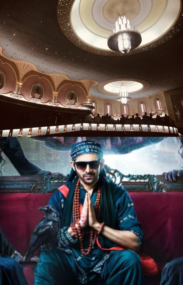 The cinema features an extravagant design with a magnificent chandelier, creating the perfect backdrop for the trailer launch.