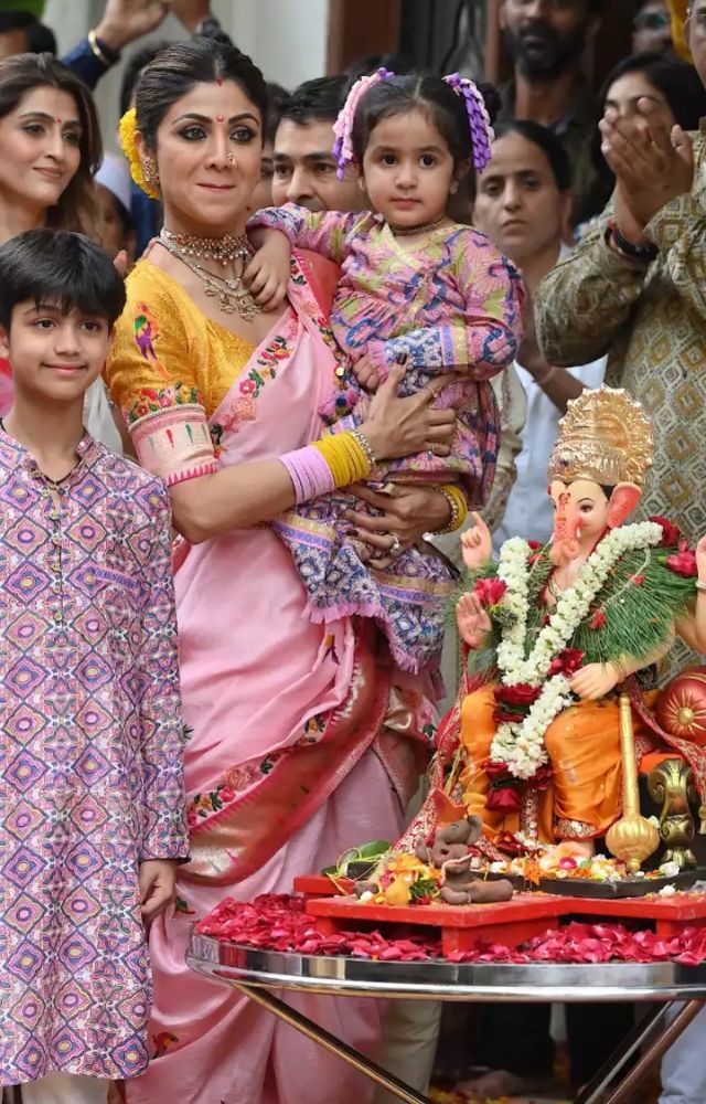 Shilpa Shetty is known for her vibrant and eco-friendly Ganesh Chaturthi celebrations, where she invites friends and family for traditional rituals.