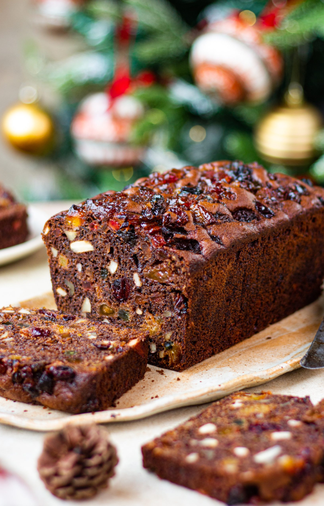 A rich cake filled with dried fruits, nuts, and spices, often soaked in rum or brandy.
