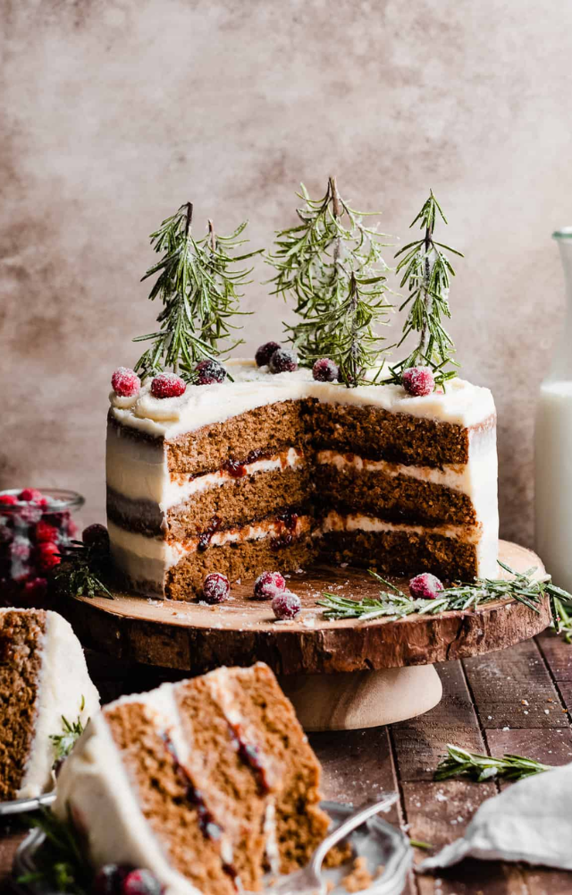 A spiced cake with ginger, cinnamon, and cloves, offering a cozy holiday flavor.