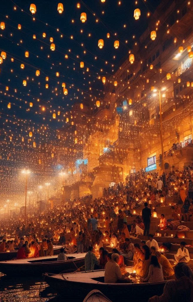 Devotees gather along the Ganga River to witness millions of diyas illuminate the sacred ghats.