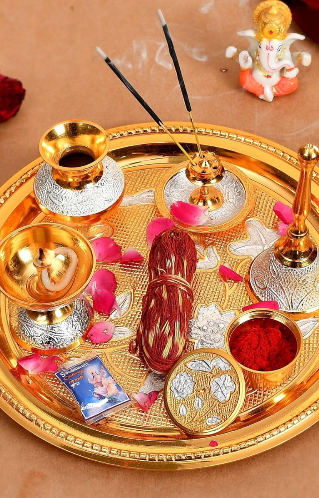 Include diya, incense, kumkum, and flowers on your pooja thali for an auspicious Diwali ritual.