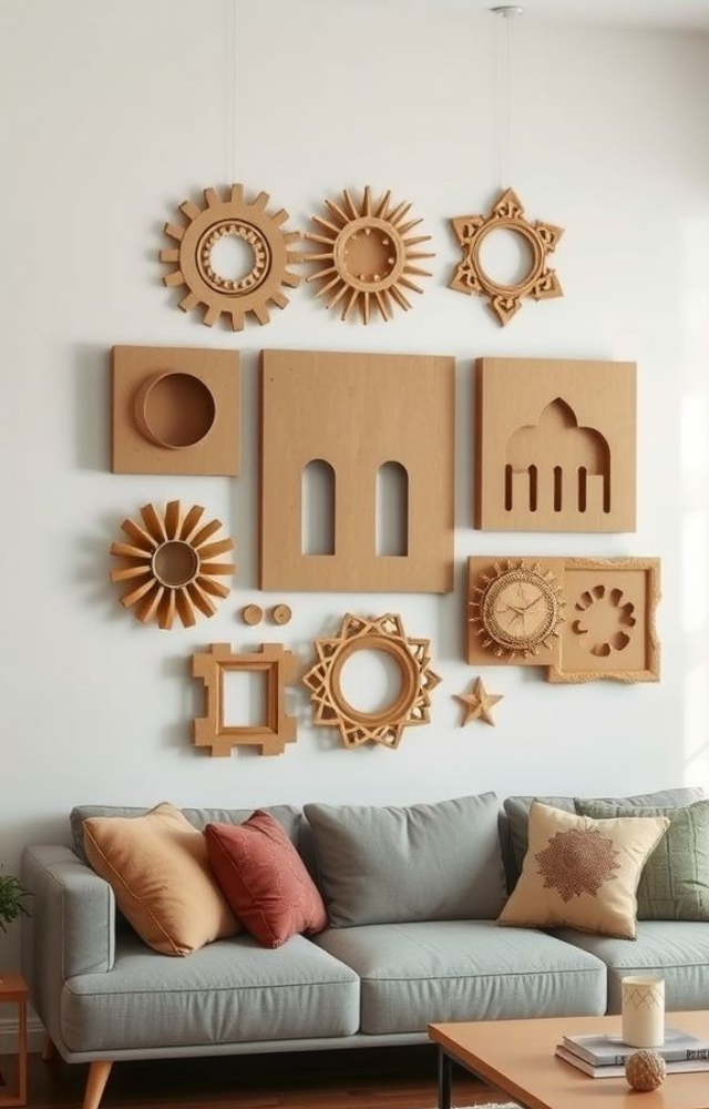 Cut out shapes from old cartons, paint or wrap them with paper, and create stunning DIY wall hangings.
