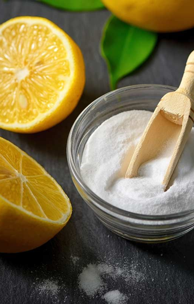 Mix lemon juice and baking soda to clean kitchen surfaces, remove stains, and kill germs naturally.
