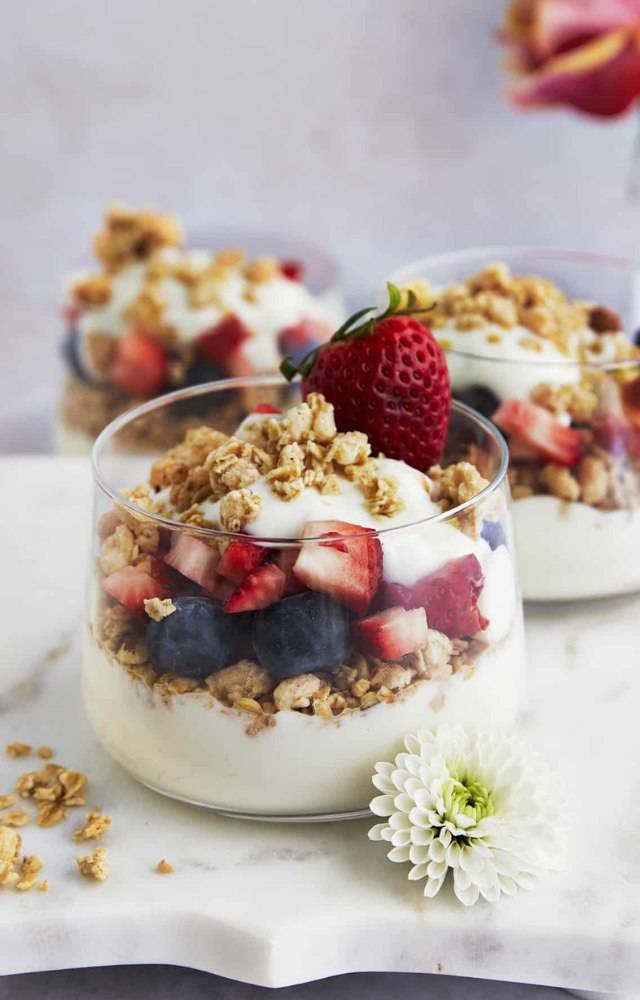 Layered with protein-rich Greek yogurt, fruits, and granola, this dessert offers more protein than an egg. Perfect for breakfast or a sweet snack.
