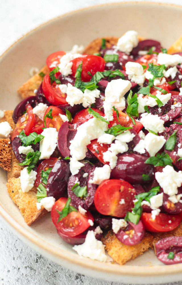 A Cretan salad made with barley rusks, tomatoes, feta, and olive oil—it’s fresh and filling.
