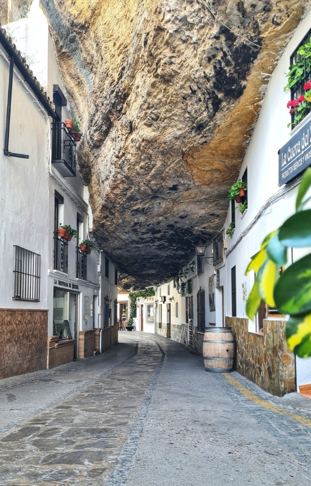 A unique street where homes are built into rock formations, creating a breathtaking view.