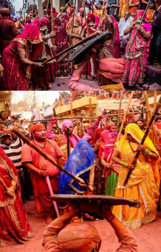 Experience the unique tradition of women playfully beating men with sticks in Barsana’s Lathmar Holi, a vibrant and fun-filled celebration.