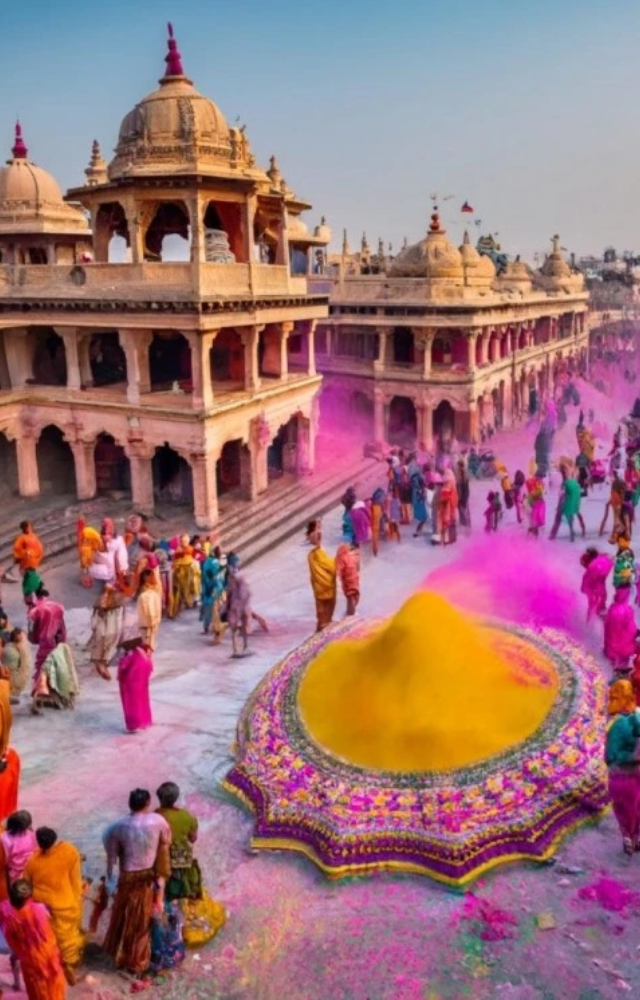 The birthplace of Lord Krishna hosts one of the grandest Holi celebrations, filled with music, dance, and an explosion of colors.