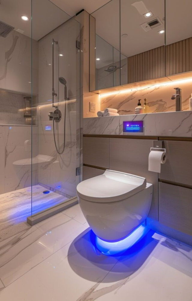 High-tech toilets with heated seats, built-in bidets, dryers, and even music—comfort and hygiene redefined!
