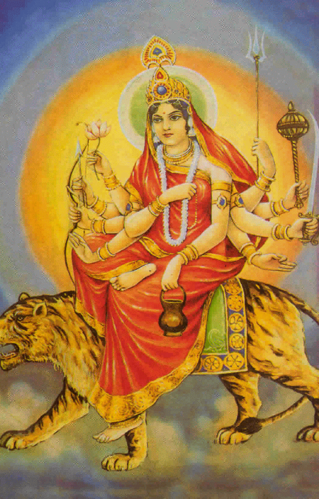 Her tiger mount symbolizes power, ready to destroy evil forces.