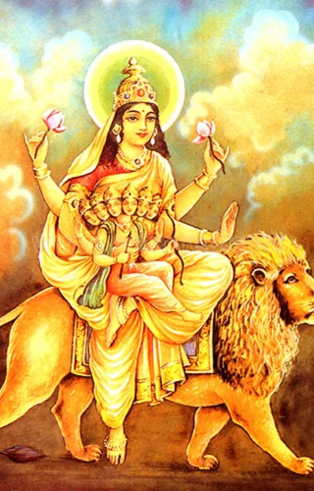 Goddess Skandamata represents the nurturing and protective essence of motherhood.