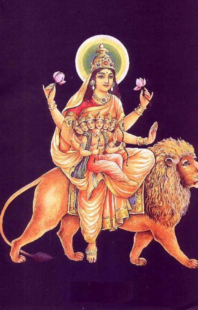 Depicted riding a lion, she symbolizes immense courage and fearlessness.