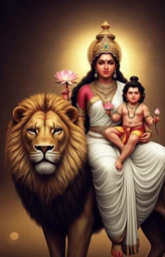 In her lap, she holds her son, Lord Skanda (Kartikeya), the god of war.