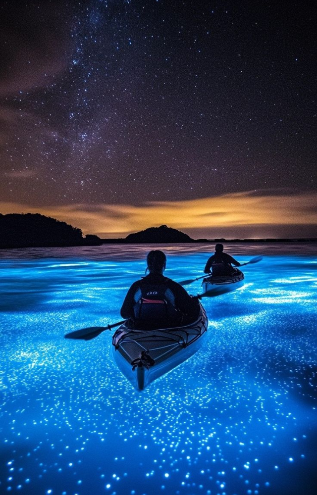 Microscopic organisms light up the waves in glowing blue—seen in places like the Maldives and Puerto Rico.
