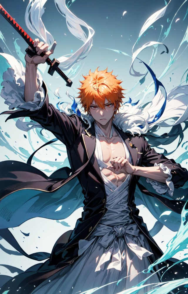 Ichigo’s Bankai drastically increases his speed and power, compressing all his spiritual energy into a sleek, black sword for devastating strikes.