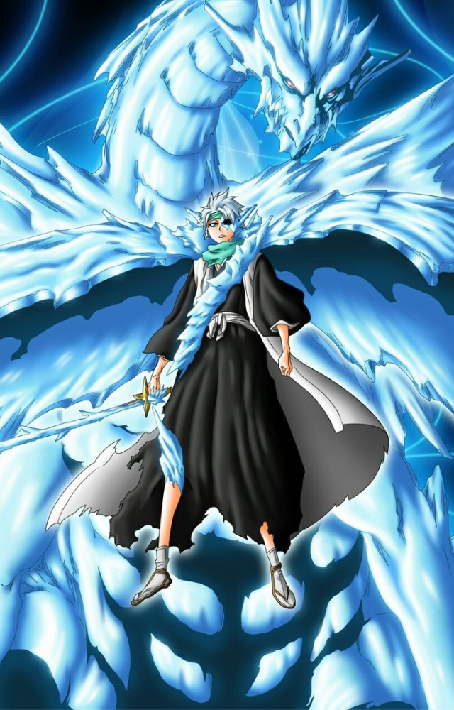 Toshiro’s Bankai grants control over ice and dragons, creating a massive ice dragon and armor that enhance both offense and defense with freezing power.
