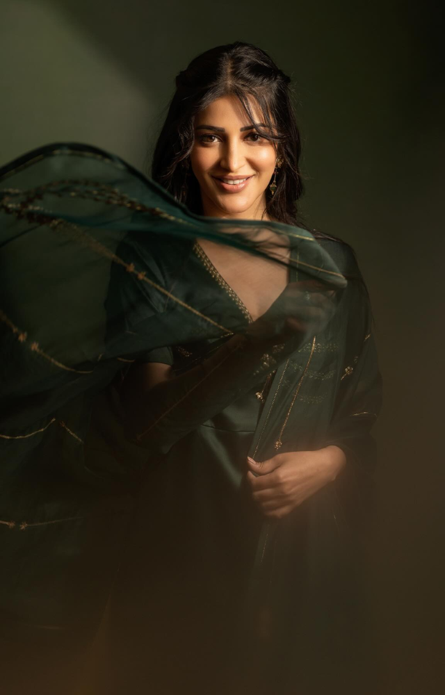 Explore Shruti’s success in South Indian cinema with hits like Gabbar Singh and Vedalam.
