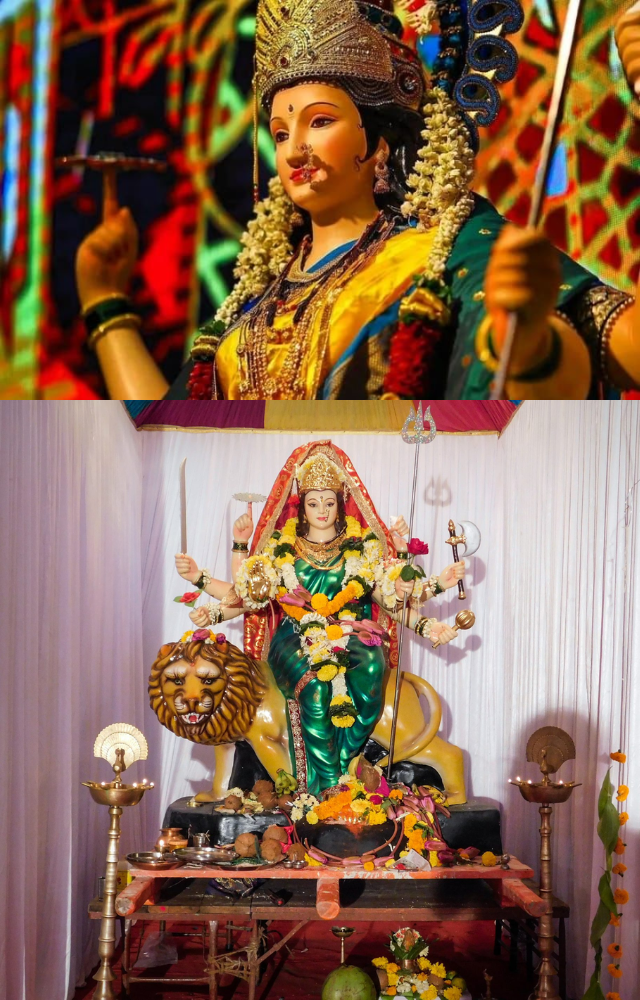 Install the sacred Kalash, symbolizing the presence of the goddess and marking the start of Navratri.
