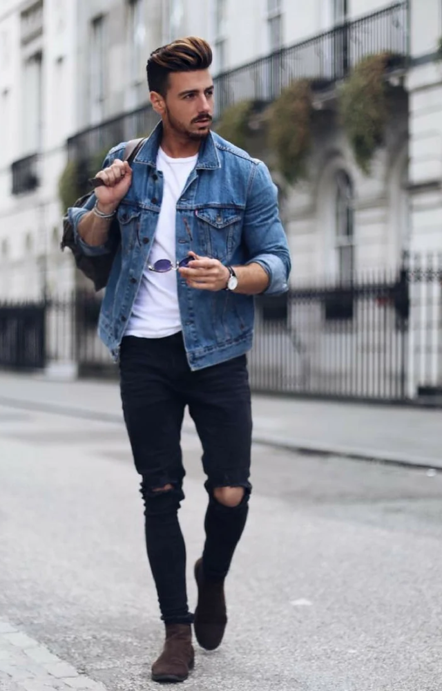 Pair a timeless denim jacket with a classic white tee and jeans for a relaxed yet stylish vibe.