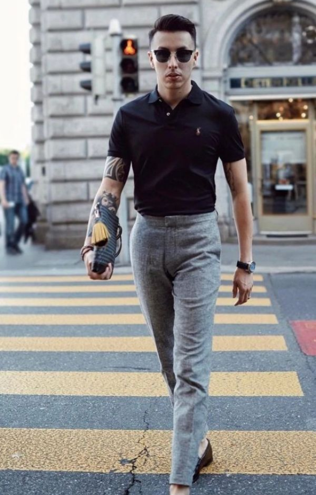 A smart polo shirt with tailored chinos offers a polished yet comfortable look for any casual outing.
