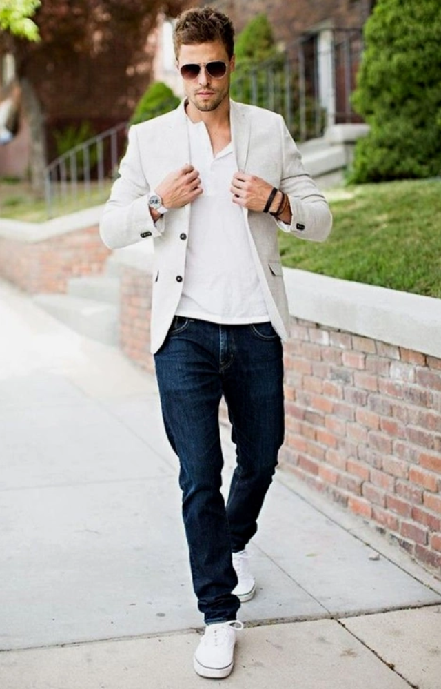 Add a touch of sophistication with a casual blazer over a basic tee, paired with slim-fit jeans.