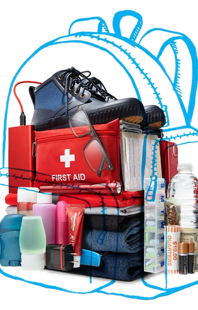 Prepare an emergency kit with essentials like water, non-perishable food, first-aid supplies, and necessary medications.
