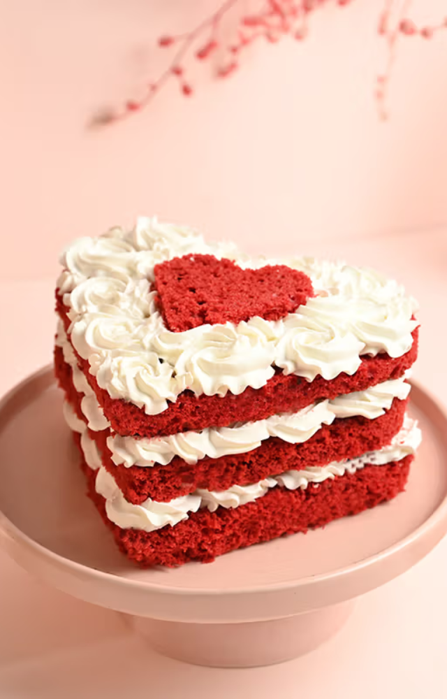 This moist and creamy red velvet cake in a heart shape makes the perfect Valentine’s indulgence.