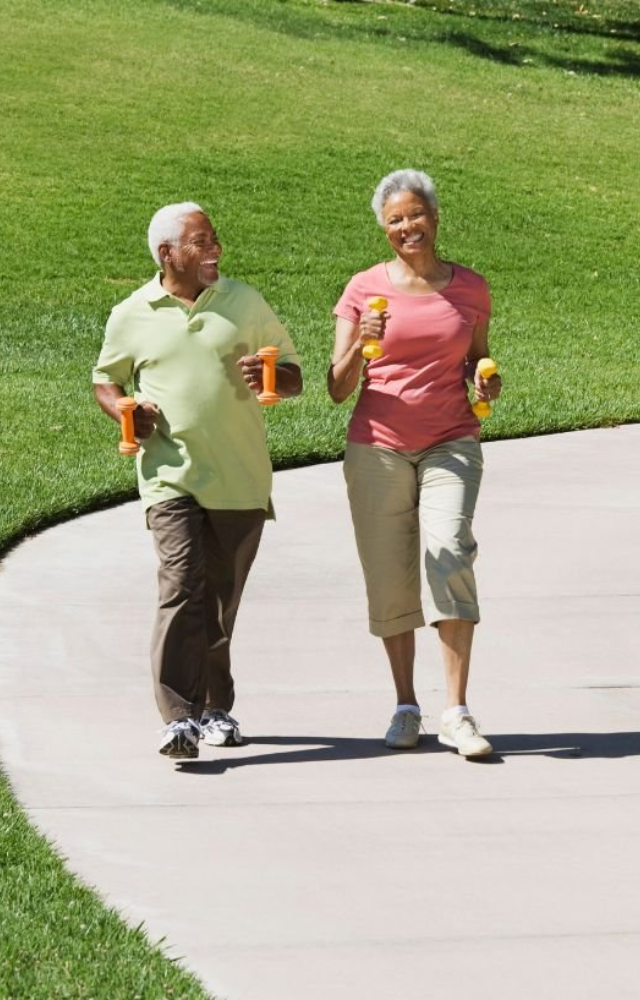 Add light weights to activate upper body muscles and raise your heart rate while walking. Strength meets cardio in motion.
