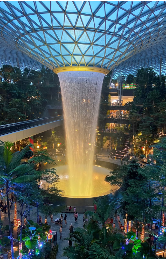 Home to the world’s tallest indoor waterfall, the Rain Vortex stands 40 meters high and flows through a lush indoor forest.
